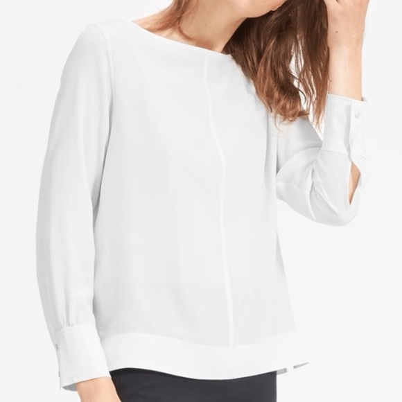 New Without Tags Everlane The Clean Silk Boatneck Blouse Top Grey White 10 - Picture 1 of 12